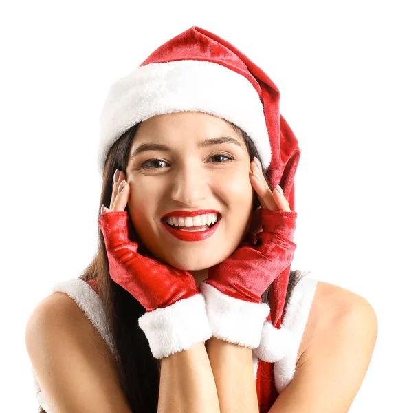 Bella giovane donna in costume di Babbo Natale su sfondo bianco — Foto Stock