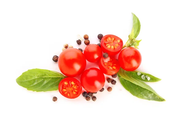 Fresh tomatoes and spices on white background — Stock Photo, Image