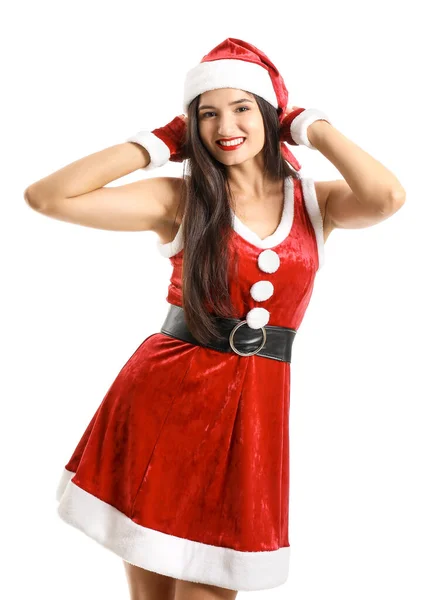 Mulher bonita em traje de Papai Noel no fundo branco — Fotografia de Stock