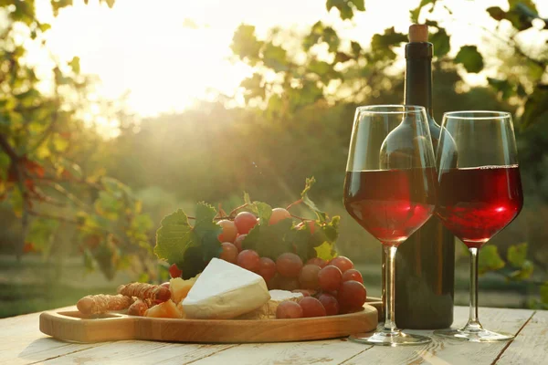 Copos e garrafa de vinho com lanches na mesa de madeira na vinha — Fotografia de Stock