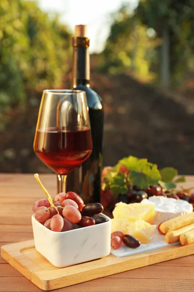 Copo e garrafa de vinho com lanches na mesa de madeira na vinha — Fotografia de Stock