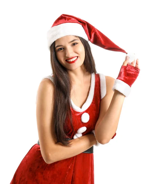 Mooie jonge vrouw in Santa Claus kostuum op witte achtergrond — Stockfoto