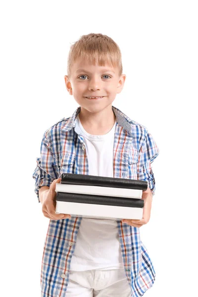 Carino bambino con libri su sfondo bianco — Foto Stock