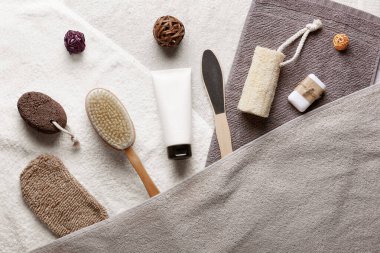 Accessories and cosmetics for personal hygiene on table