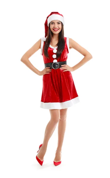 Schöne junge Frau im Weihnachtsmann-Kostüm auf weißem Hintergrund — Stockfoto