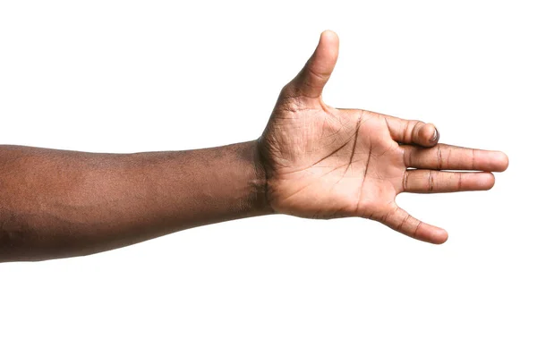 Mão de homem afro-americano mostrando cão no fundo branco — Fotografia de Stock