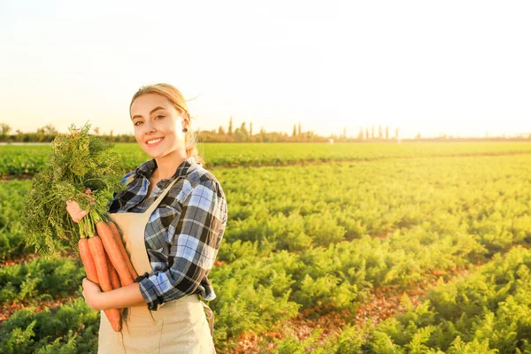 Female farmer with gathered carrots in field — Stock Photo, Image