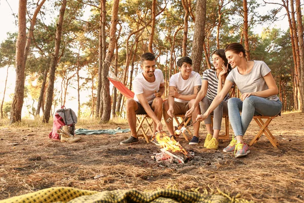 Young friends roasting marshmallows on fire at camp — Stock Photo, Image