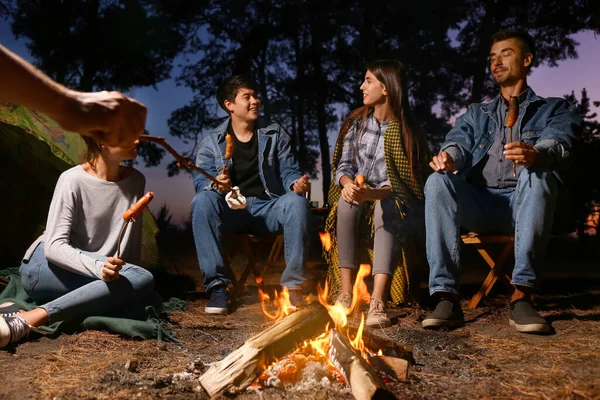 Young friends spending weekend in forest at night — Stock Photo, Image