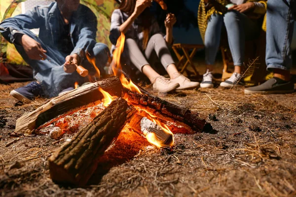 Young people sitting near campfire in forest — Stock Photo, Image