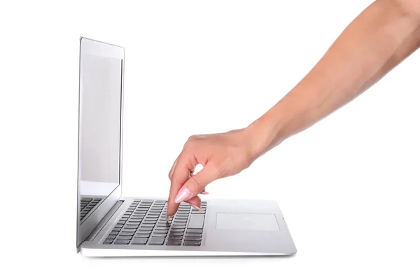 Female hand with laptop on white background — Stock Photo, Image
