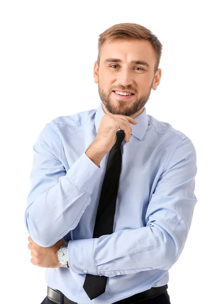 Retrato de empresário bonito no fundo branco — Fotografia de Stock