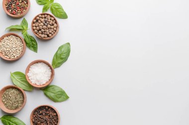 Beyaz arka planda farklı baharatlı kaseler