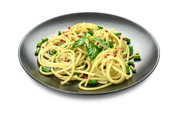 Plaat met lekkere pasta op witte achtergrond — Stockfoto