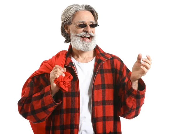 Portrét stylového Santa Clause s taškou na bílém pozadí — Stock fotografie