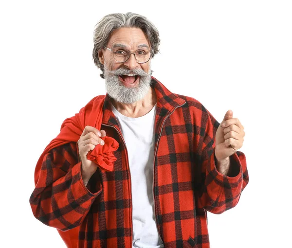 Portrait du Père Noël élégant avec sac sur fond blanc — Photo