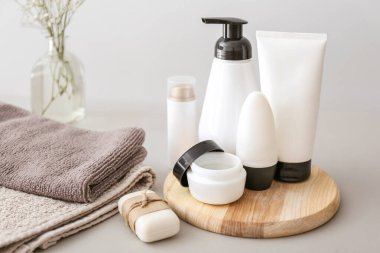 Cosmetics for personal hygiene on light background
