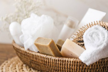 Accessories and cosmetics for personal hygiene on table