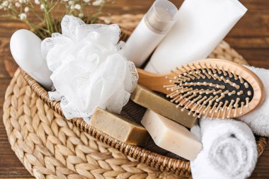 Accessories and cosmetics for personal hygiene on table