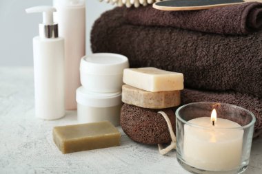 Accessories and cosmetics for personal hygiene on table