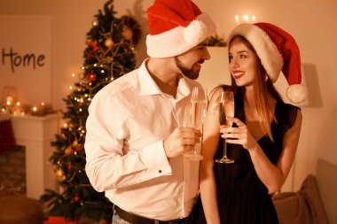 Mutlu genç çift Noel 'i evde kutluyor.