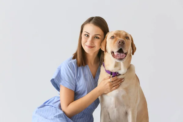 Işıklı arka planda sevimli bir köpeği olan güzel bir genç kadın. — Stok fotoğraf