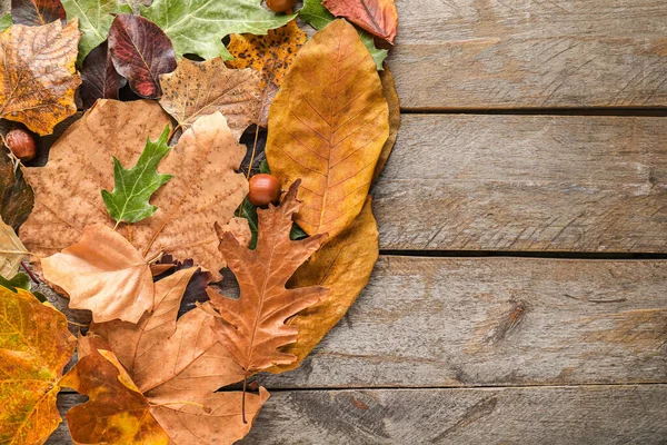 Diferentes hojas de otoño sobre fondo de madera — Foto de Stock