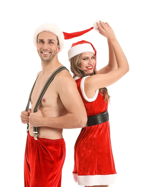 Pareja joven vestida de Santa Claus sobre fondo blanco — Foto de Stock