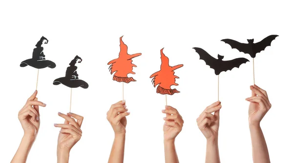 Many hands with Halloween decor on white background — Stock Photo, Image