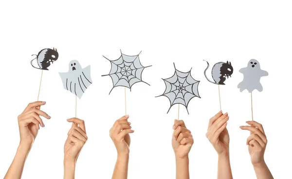 Many hands with Halloween decor on white background — Stock Photo, Image