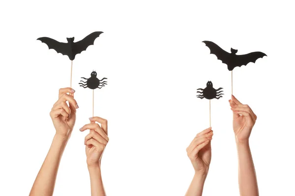 Many hands with Halloween decor on white background — Stock Photo, Image