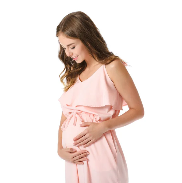 Beyaz arka planda genç hamile bir kadın — Stok fotoğraf