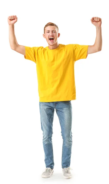 Hombre feliz en elegante camiseta sobre fondo blanco — Foto de Stock