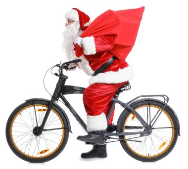 Beyaz arka planda çantası ve bisikleti olan Noel Baba.