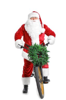 Beyaz arka planda bisikleti olan Noel Baba