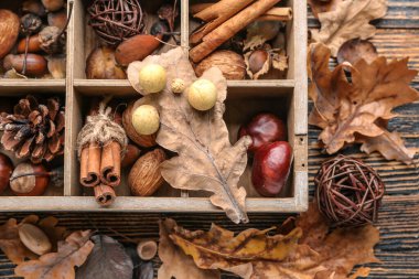 Doğal malzemeler ve ahşap arka planda yapraklarla güzel bir sonbahar kompozisyonu.