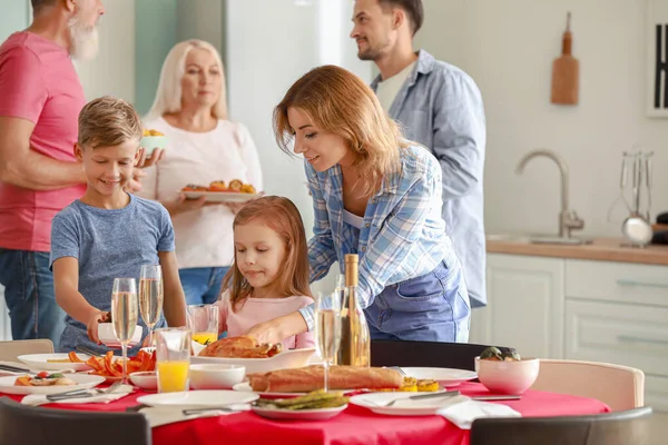 Big family serving table for dinner at home — Stock Photo, Image