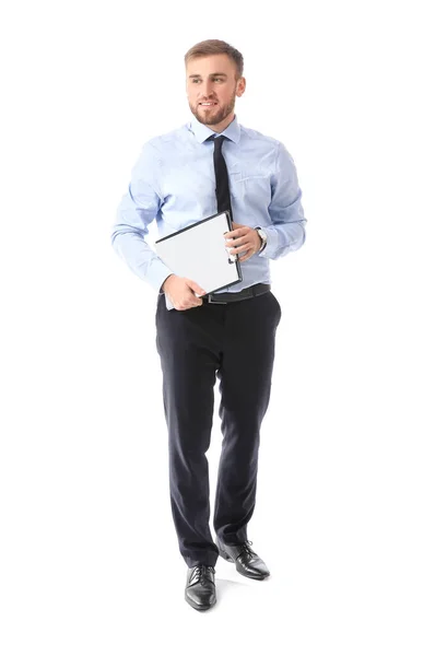 Portrait of handsome businessman with documents on white background — Stock Photo, Image