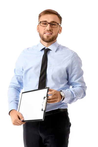 Portrait of handsome businessman with documents on white background — Stock Photo, Image