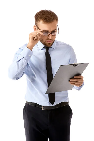 Portrait of handsome businessman with documents on white background — Stock Photo, Image