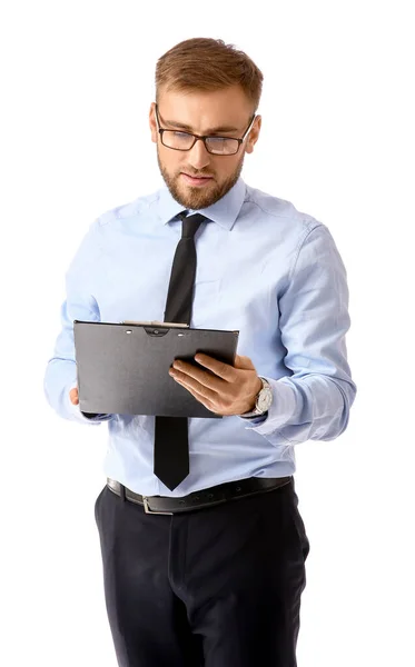 Portrait of handsome businessman with documents on white background — Stock Photo, Image