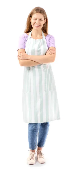 Beautiful young woman in apron on white background — Stock Photo, Image