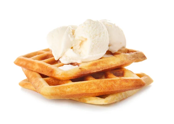 Tasty waffles and ice-cream on white background — Stock Photo, Image