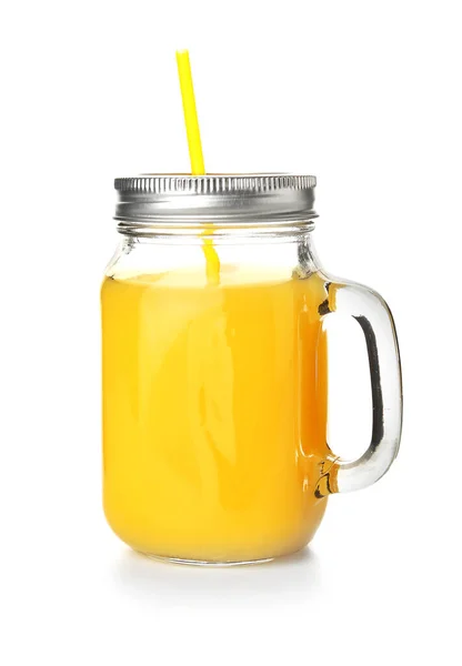 Mason jar of fresh juice isolated on white — Stock Photo, Image