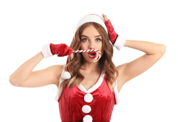 Surprised woman dressed as Santa with candy cane on white background — Stock Photo, Image