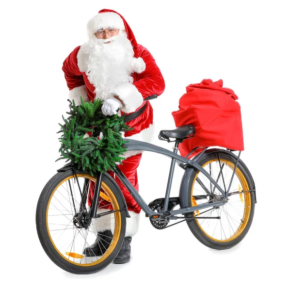 Papai Noel com presentes de Natal e bicicleta no fundo branco — Fotografia de Stock