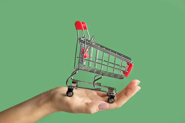 Weibliche Hand mit leerem kleinen Warenkorb auf farbigem Hintergrund — Stockfoto
