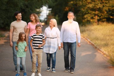 Büyük bir aile parkta yürüyor.