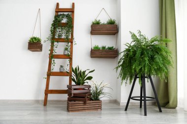 Yeşil çiçekli modern odanın içi