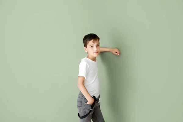Cute fashionable boy on color background — Stock Photo, Image